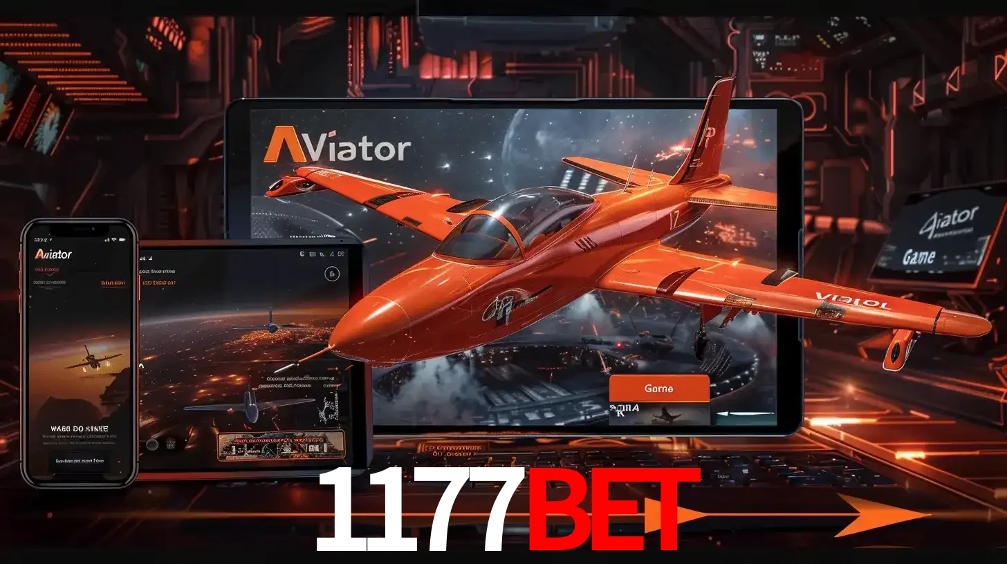 Apresentação tecnológica do jogo Aviator com um avião saindo da tela de um tablet, demonstrando a experiência imersiva em múltiplos dispositivos no 1177BET.