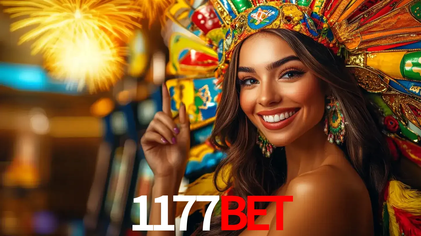 Mulher sorridente com um cocar de carnaval vibrante e colorido, celebrando uma grande vitória nos jogos do cassino 1177BET com fogos de artifício ao fundo.