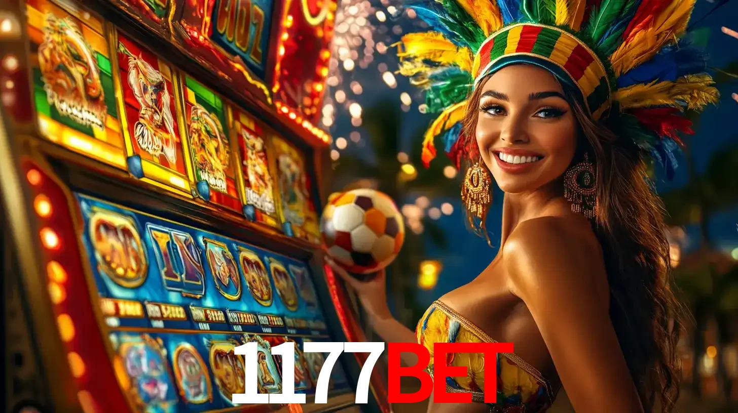 Mulher com um cocar de carnaval ao lado de uma máquina de caça-níqueis enquanto segura uma bola de futebol, mostrando a união da diversão de cassino e esportes no 1177BET.