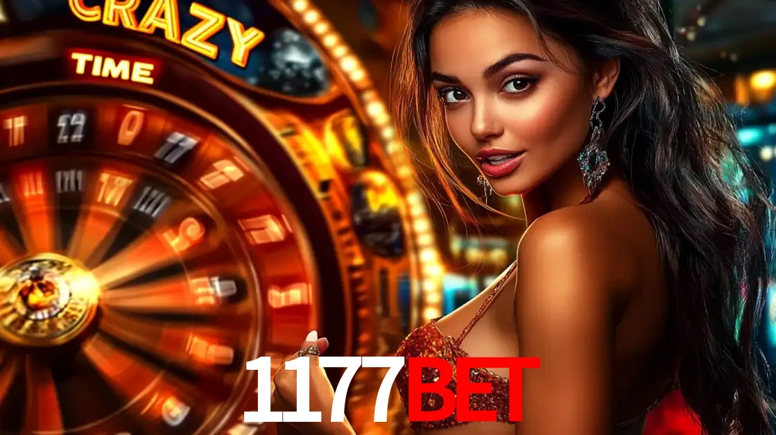 Mulher ao lado da roda de prêmios do jogo de cassino ao vivo Crazy Time, um dos shows de jogos mais emocionantes oferecidos pela plataforma de apostas 1177BET.