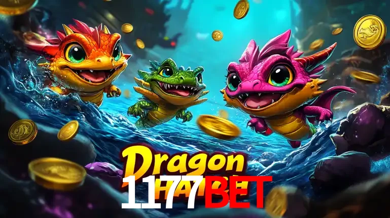 Arte promocional do jogo Dragon Hatch com três adoráveis dragões bebês nadando entre moedas de ouro, um dos slots mais divertidos para jogar no cassino 1177BET.