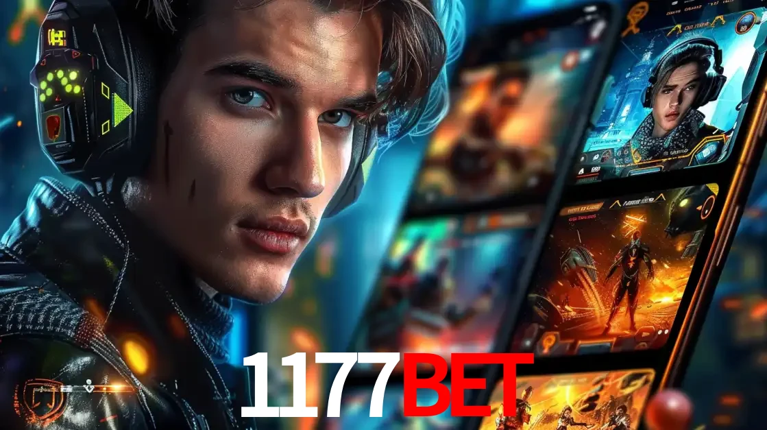 Jovem jogador com fones de ouvido olhando para a câmera, com um aplicativo de jogos e e-sports para celular ao fundo, pronto para a competição e apostas no 1177BET.