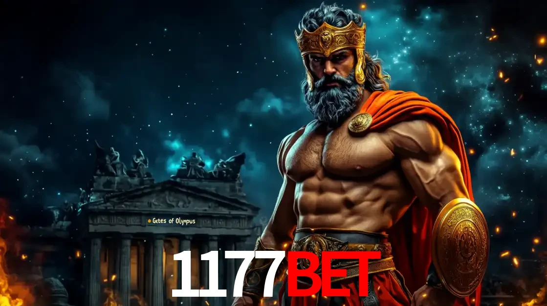O poderoso Zeus do jogo de slot Gates of Olympus em frente ao seu templo, pronto para lançar multiplicadores divinos e prêmios épicos no cassino online 1177BET.