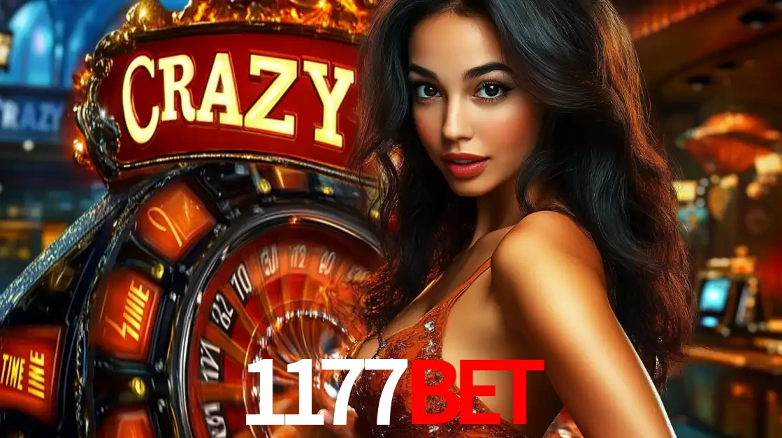 Mulher glamourosa olhando para a câmera com a roda vermelha do Crazy Time ao fundo em um ambiente de cassino, destacando a emoção dos jogos ao vivo no 1177BET.