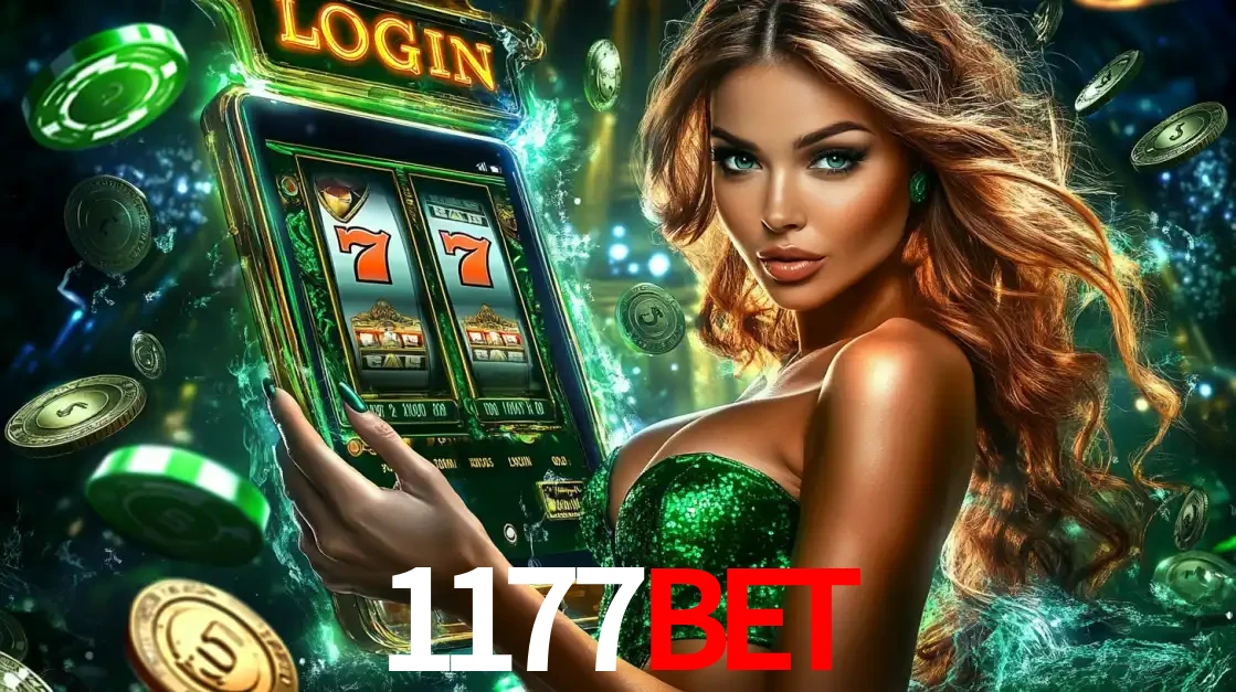 Mulher com tema verde apresentando o aplicativo do cassino 1177BET com um jogo de slot de 777, cercada por fichas de cassino e uma aura de sorte.