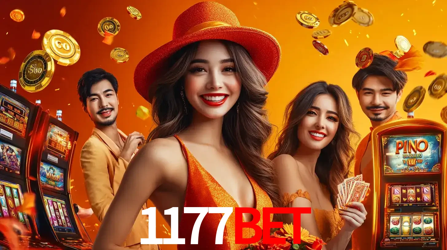 Grupo de amigos asiáticos sorrindo e se divertindo com máquinas de caça-níqueis em um ambiente festivo, celebrando suas vitórias nos jogos de cassino do 1177BET.