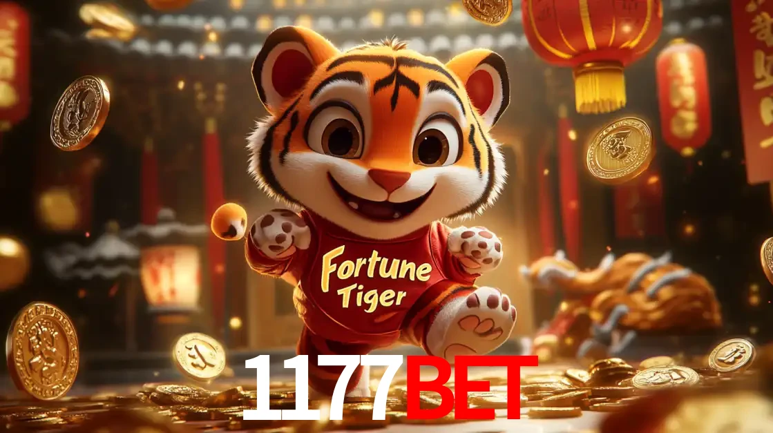 O alegre personagem do Fortune Tiger correndo sobre um caminho de moedas de ouro, simbolizando os grandes prêmios e a diversão do popular jogo de slot do 1177BET.