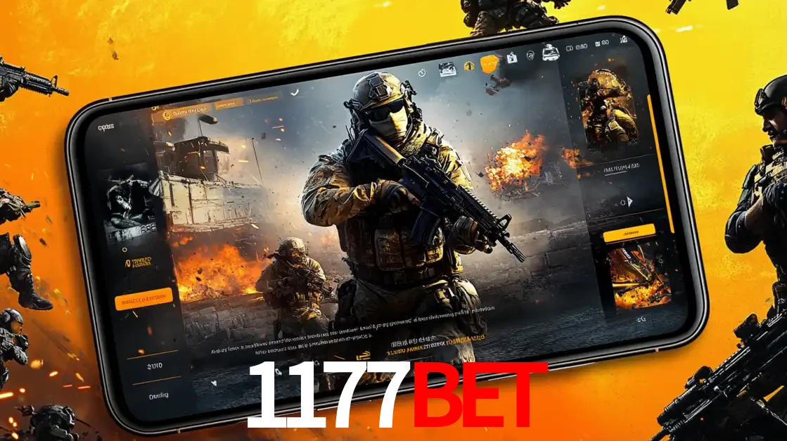 Um smartphone exibindo a interface de um jogo de tiro em primeira pessoa, com um soldado em um cenário de batalha, representando a ação dos e-sports para apostar no 1177BET.