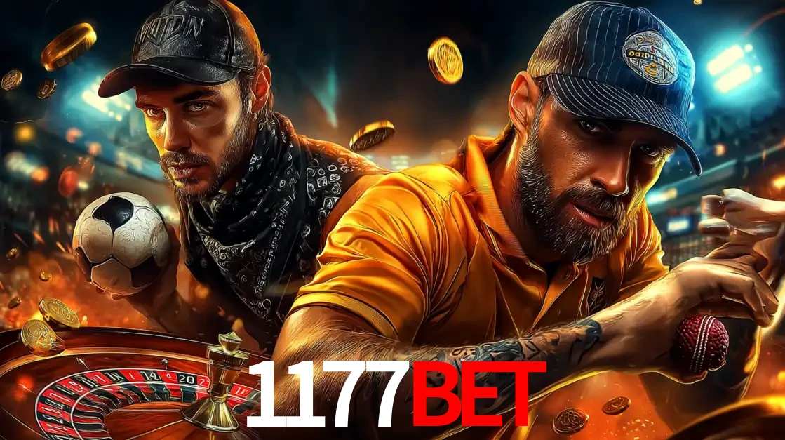 Montagem de apostas esportivas e cassino no 1177BET, com um homem segurando uma bola de futebol e outro uma de beisebol sobre uma roleta e moedas voadoras.