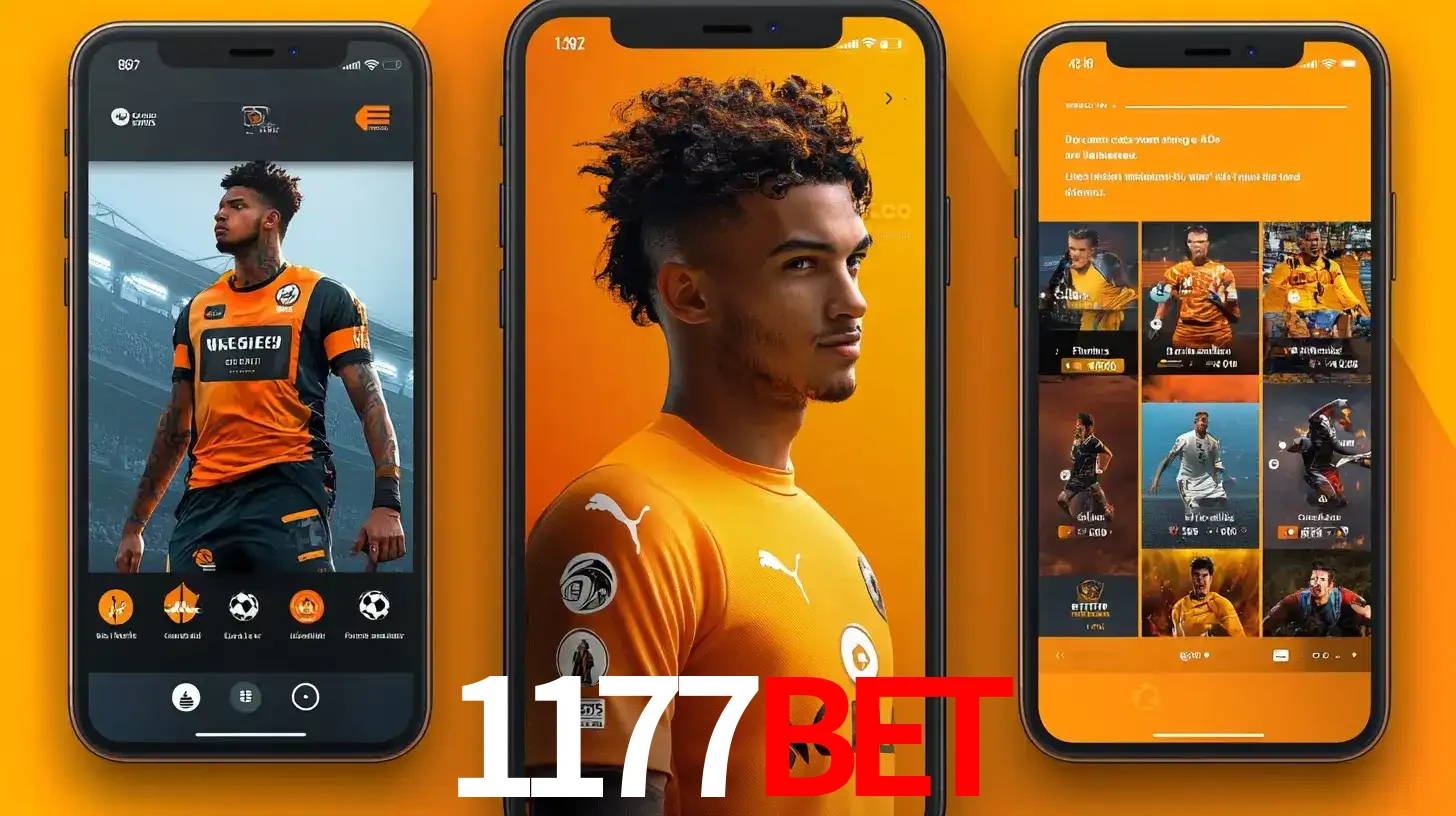Interface do aplicativo de apostas esportivas 1177BET em três telas de celular, mostrando o perfil de um jogador de futebol e a lista de jogos disponíveis para apostar.