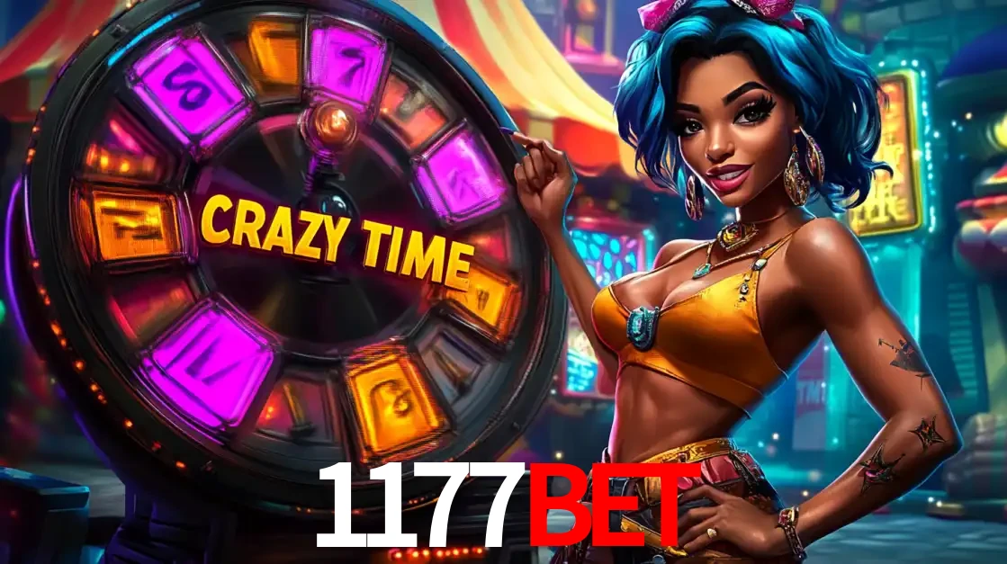 Mulher estilizada com cabelo azul e visual vibrante posando ao lado da roda de prêmios do game show Crazy Time, convidando para a diversão e os bônus do cassino 1177BET.