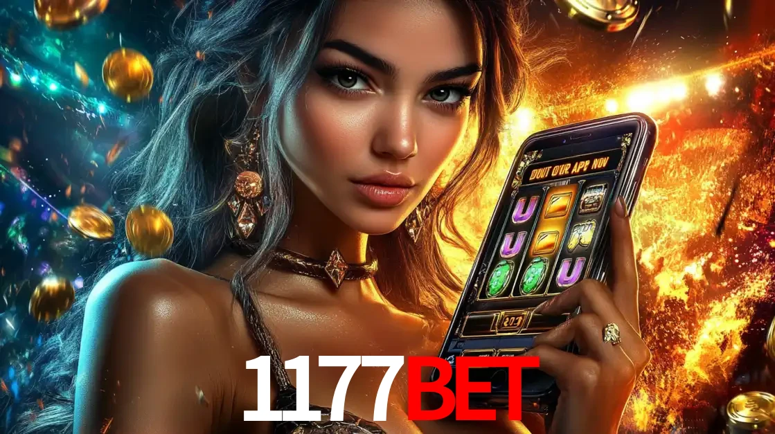 Mulher elegante mostrando um jogo de caça-níqueis em seu smartphone, destacando a experiência de cassino móvel oferecida pelo aplicativo 1177BET.
