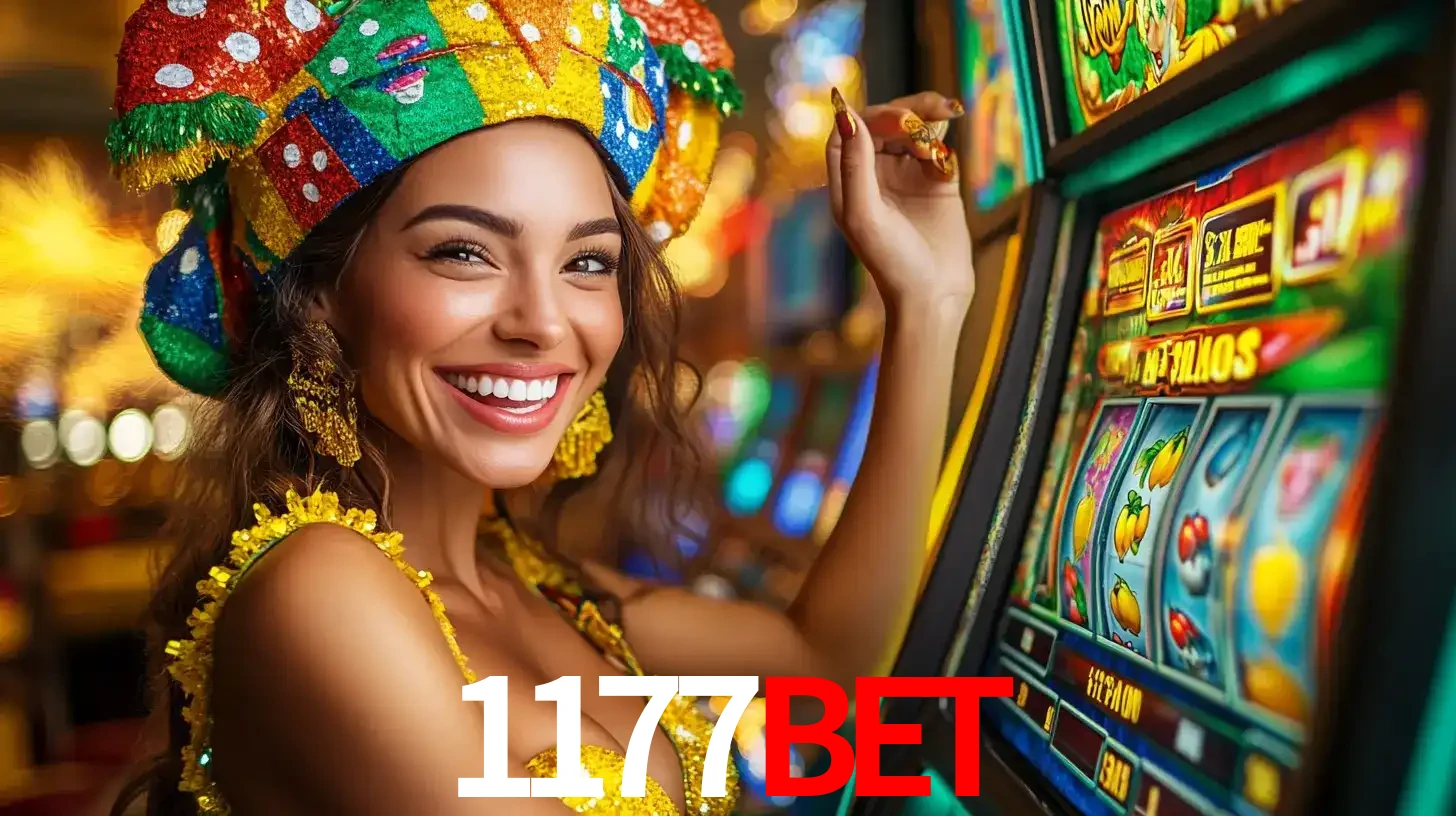 Mulher feliz com traje de carnaval amarelo e colorido ao lado de uma máquina de caça-níqueis, aproveitando a diversão e os jogos temáticos do cassino 1177BET.