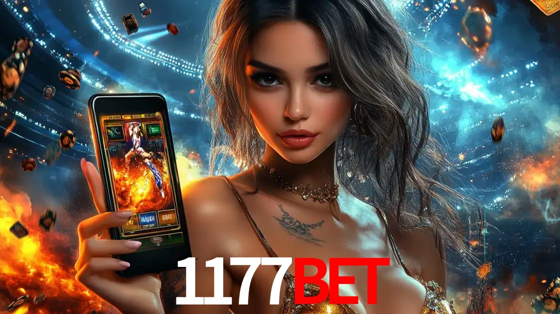 Mulher segurando um celular com um jogo de slot em destaque, tendo como fundo um estádio vibrante, simbolizando a emoção de jogar no cassino móvel 1177BET.