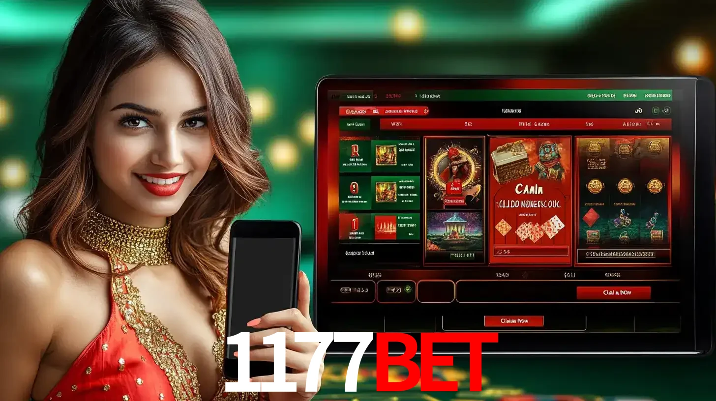Mulher sorridente segurando um smartphone, ao lado de uma tela exibindo o lobby de jogos do cassino online 1177BET, com várias opções de jogos de cartas e slots.